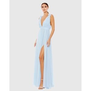 Ieena for Mac Duggal Blue Sleeveless Pleated Chiffon V-Neck Gown 55321 Size 2